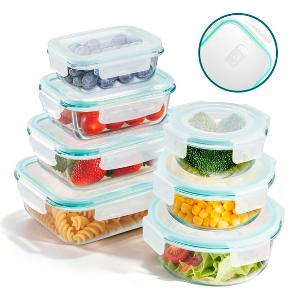 Vesteel 7 Pack Glass Food Storage Containers Set with Airtight Lid, Glass Meal Prep Containers with Vented Lid for Kitchen, BPA-Free Bento Lunch Box , Microwave, Freezer & Dishwasher Safe