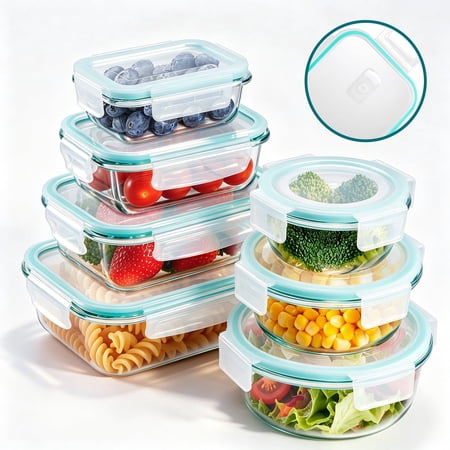 Vesteel 7 Pack Glass Food Storage Containers Set with Airtight Lid, Glass Meal Prep Containers with Vented Lid for Kitchen, BPA-Free Bento Lunch Box , Microwave, Freezer & Dishwasher Safe