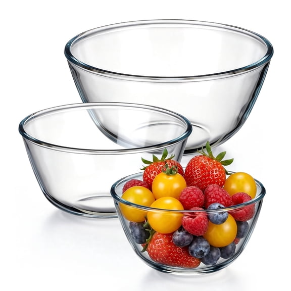 Vesteel Glass Mixing Bowl Set of 3 (1.1QT, 1.7QT, 2.9QT), Clear Nesting Salad Bowls for Baking, Cooking, Serving, Food Prep, Dishwasher Safe