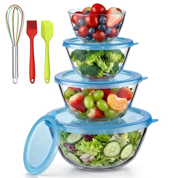Vesteel Glass Mixing Bowls with Lids Set of 7(0.5QT, 0.8QT, 1.7QT, 2.9QT), Clear Salad Bowls with Egg Whisk Spatula Basting Brush, Nesting Food Prep Bowls for Baking Cooking Serving, Dishwasher Safe