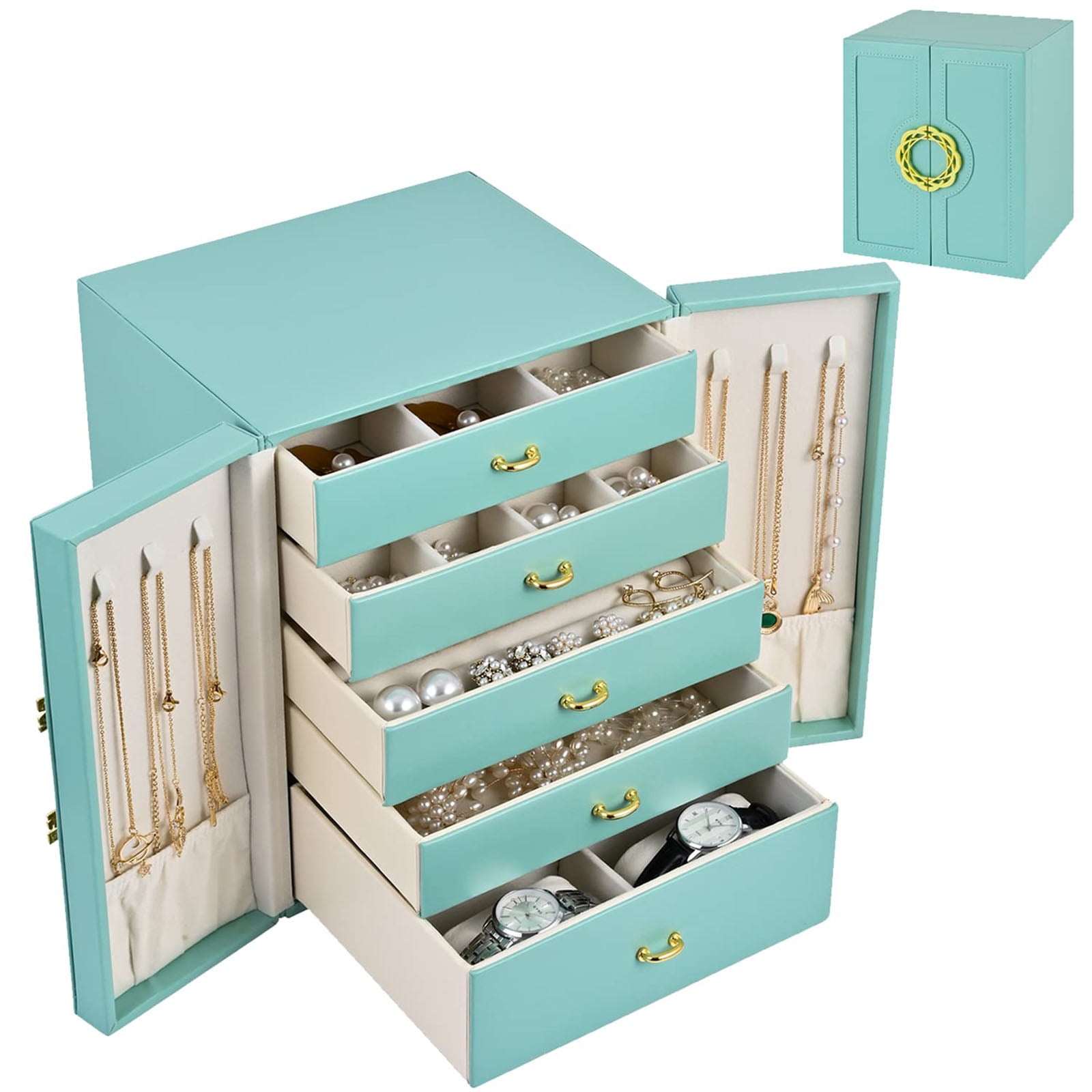 LELE LIFE 2-Layer Jewelry Box With Lock - Large Leather Organizer For Necklaces, Earrings, Rings, Bracelets, Includes Removable Trays & Jewelry Bags (Black)