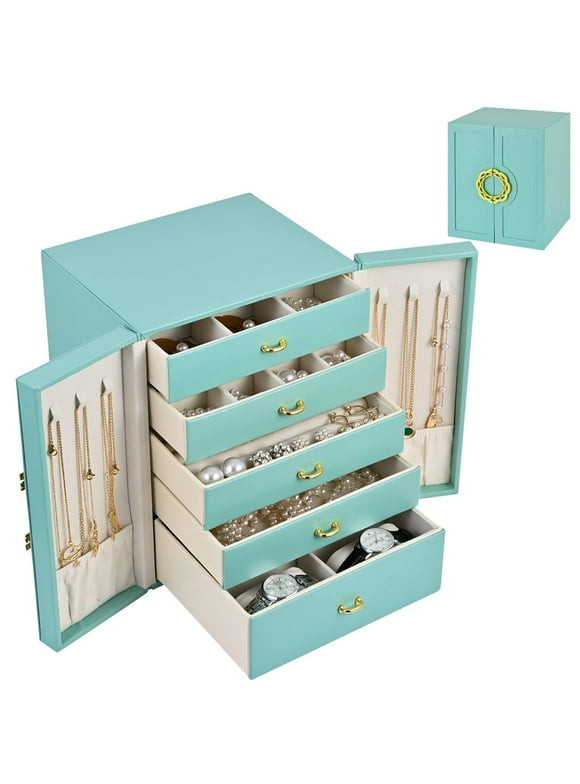 Jewelry Box for Women Girl, 5-Layer Large Jewelry Organizer Leather Jewelry Storage Case for Rings Necklaces Earrings Watches, Perfect Gift for Thanksgiving Christmas (Blue)
