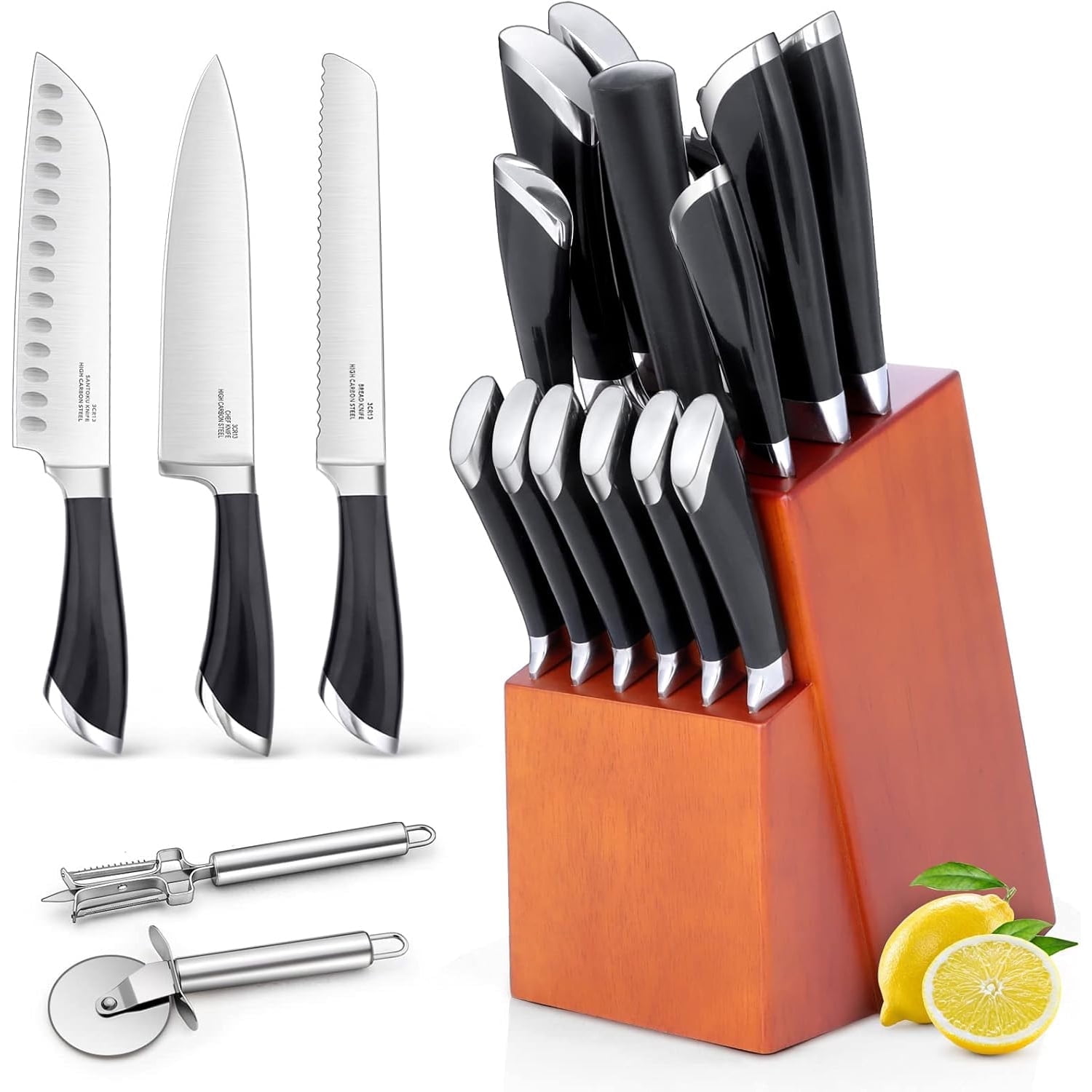 Vesteel Kitchen Knife Block Set, 17-Piece High Carbon Forged Stainless Steel Knife Set Includes Chef Utility Paring Steak Serrated Bread Santoku Knife