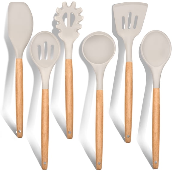 Vesteel Kitchen Utensils Set of 6, Silicone Cooking Utensils with Wooden Handle, Non-Stick Cookware & Heat Resistant, Includes Spatula/Ladle/Slotted Turner/Serving Spoon/Spaghetti Server (Khaki)