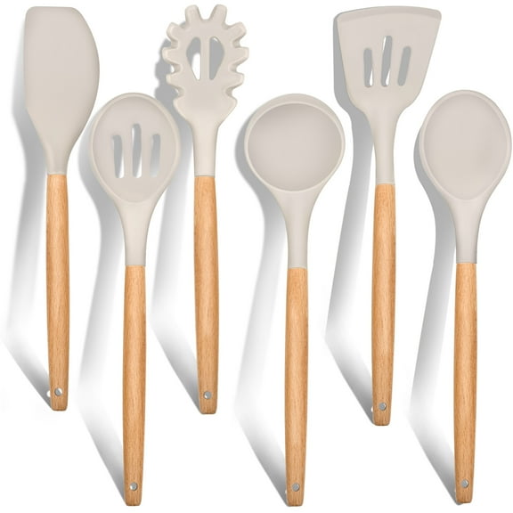 Vesteel Kitchen Utensils Set of 6, Silicone Cooking Utensils with Wooden Handle, Non-Stick Cookware & Heat Resistant, Includes Spatula/Ladle/Slotted Turner/Serving Spoon/Spaghetti Server (Khaki)