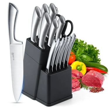 Vesteel Knife Set, 15 Pcs Stainless Steel Knife Block Set Kitchen Knives with Sharpener Kitchen Shears, Ergonomic Handle & Sharp Blade