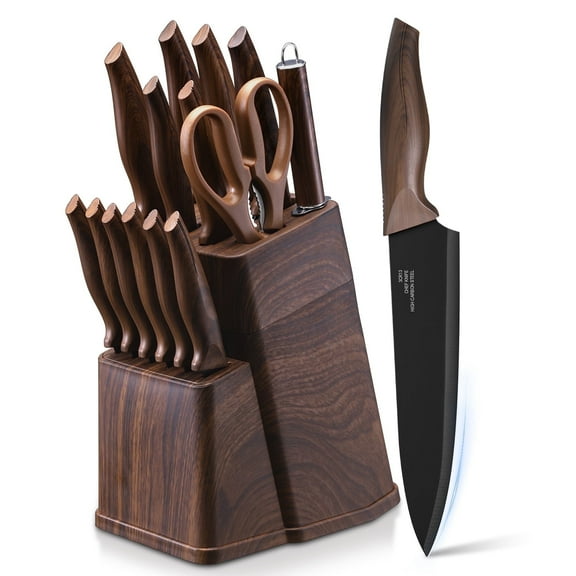 Open Box Vesteel Knife Set for Kitchen with Block, 15 Pcs High Carbon Stainless Steel Kitchen Knives Set with Sharpener Kitchen Shears - Walnut Brown