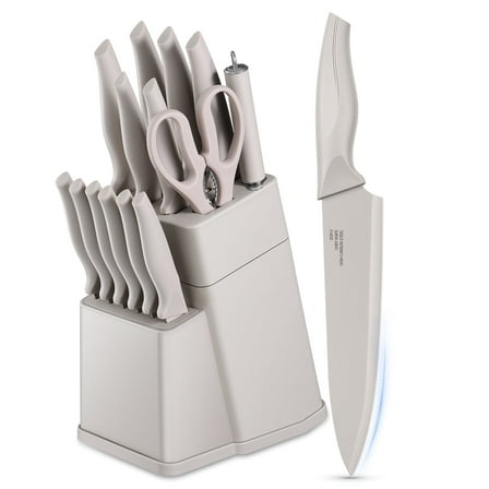 Vesteel Knife Set for Kitchen with Block, 15 Pcs High Carbon Stainless Steel Kitchen Knife Set with Self Sharpening - Khaki