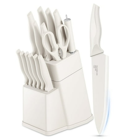 Vesteel Knife Set for Kitchen with Block, 15 Pcs High Carbon Stainless Steel Kitchen Knife Set with Self Sharpening - White