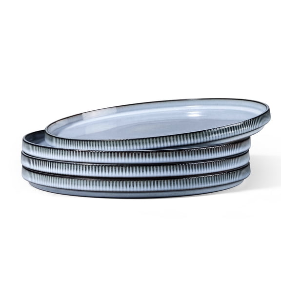 Vesteel 4 Pieces Dinner Plates Set, 10" Premium Stoneware Ribbed Dishes, Chip & Scratch Resistant Ceramic Set for Home Restaurant, Microwave and Dishwasher Safe - Foggy Blue