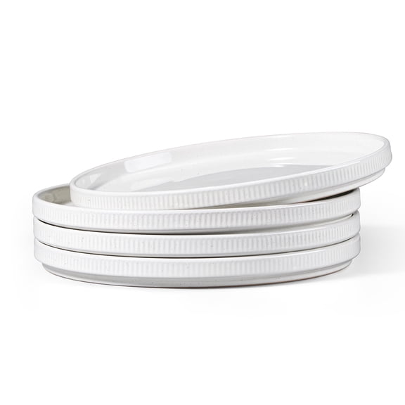 Vesteel 4 Pieces Dinner Plates Set, Premium Stoneware Ribbed Dishes, Chip & Scratch Resistant Ceramic Set for Home Restaurant, Microwave and Dishwasher Safe - Speckled White