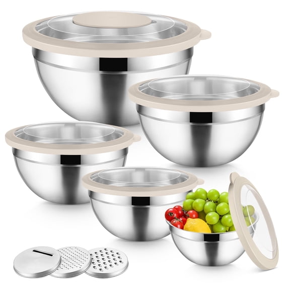 Vesteel Mixing Bowls with Lids Set of 5, Stainless Steel Prep Bowls with Upgraded Airtight Visible Lid, Metal Nesting Bowl Attach with 3 Graters for Kitchen Grating/ Shredding / Mixing - Khaki