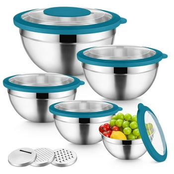 Vesteel Mixing Bowls with Lids Set of 8, Stainless Steel Prep Bowls with Upgraded Airtight Visible Lid, Metal Nesting Bowl Attach with 3 Graters for Kitchen Grating/ Shredding / Mixing - Blue