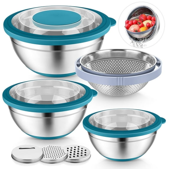 Vesteel Mixing Bowls with Lids Set of 7, Stainless Steel Nesting Bowls with Colander and 3 Graters for Draining Prepping Slicing, Nonslip Bottoms & Airtight Lid, Size 4.6, 2.6, 1.5 Qt, Blue
