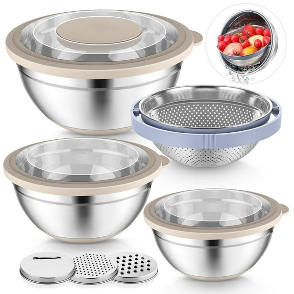 Vesteel Mixing Bowls with Lids Set of 7, Stainless Steel Nesting Bowls with Colander and 3 Graters for Draining Prepping Slicing, Nonslip Bottoms & Airtight Lid, Size 4.6, 2.6, 1.5 Qt, Khaki