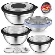 Vesteel Mixing Bowls with Lids Set of 7, Stainless Steel Nesting Bowls with Colander and 3 Graters for Draining Prepping Slicing, Nonslip Bottoms & Airtight Lid, Size 4.6, 2.6, 1.5 Qt, Black