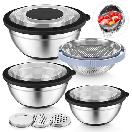 Vesteel Mixing Bowls with Lids Set of 7, Stainless Steel Nesting Bowls with Colander and 3 Graters for Draining Prepping Slicing, Nonslip Bottoms & Airtight Lid, Size 4.6, 2.6, 1.5 Qt, Black