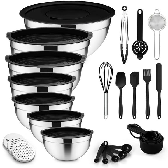 Vesteel 35PCS Mixing Bowls with Lids Set, Stainless Steel Nesting Salad Prep Bowls Attach with 3 Graters & Kitchen Utensils for Mixing Serving Grating, Size 4.5/3.5/3/2.5/1.5/1.2/0.7 QT, Black