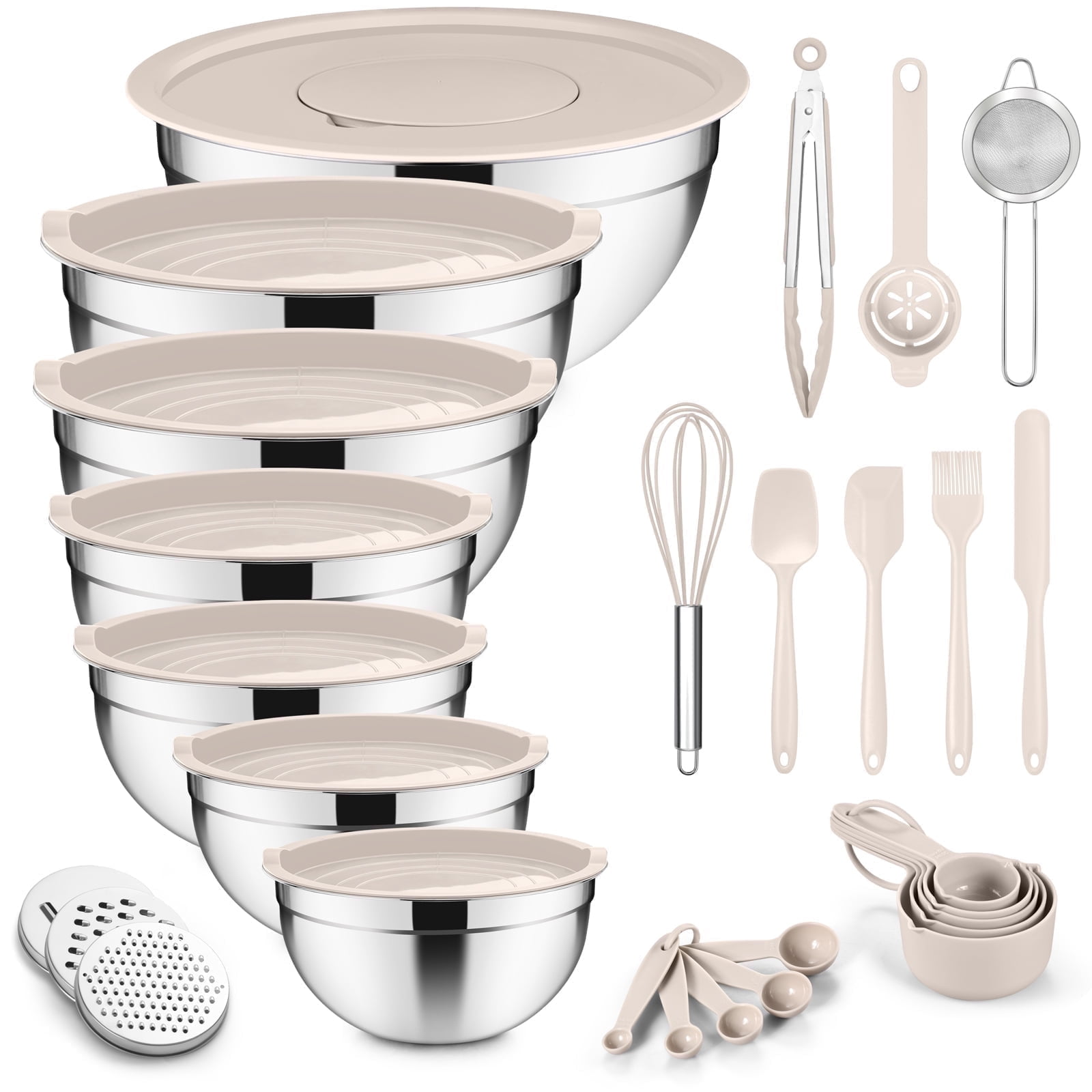 Vesteel 35PCS Mixing Bowls with Lids Set, Stainless Steel Nesting Salad Prep Bowls Attach with 3 Graters & Kitchen Utensils for Mixing Serving Grating, Size 4.5/3.5/3/2.5/1.5/1.2/0.7 QT, Khaki - Walmart.com