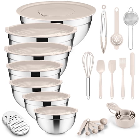 Vesteel 35PCS Mixing Bowls with Lids Set, Stainless Steel Nesting Salad Prep Bowls Attach with 3 Graters & Kitchen Utensils for Mixing Serving Grating, Size 4.5/3.5/3/2.5/1.5/1.2/0.7 QT, Khaki