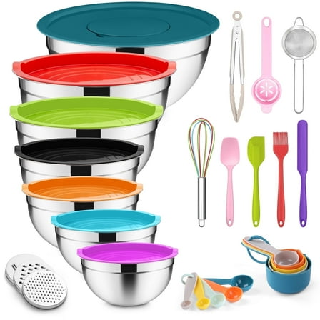 Vesteel 35PCS Mixing Bowls with Lids Set, Stainless Steel Nesting Salad Prep Bowls Attach with 3 Graters & Kitchen Utensils for Mixing Serving Grating, Size 4.5/3.5/3/2.5/1.5/1.2/0.7 QT, Multi-color
