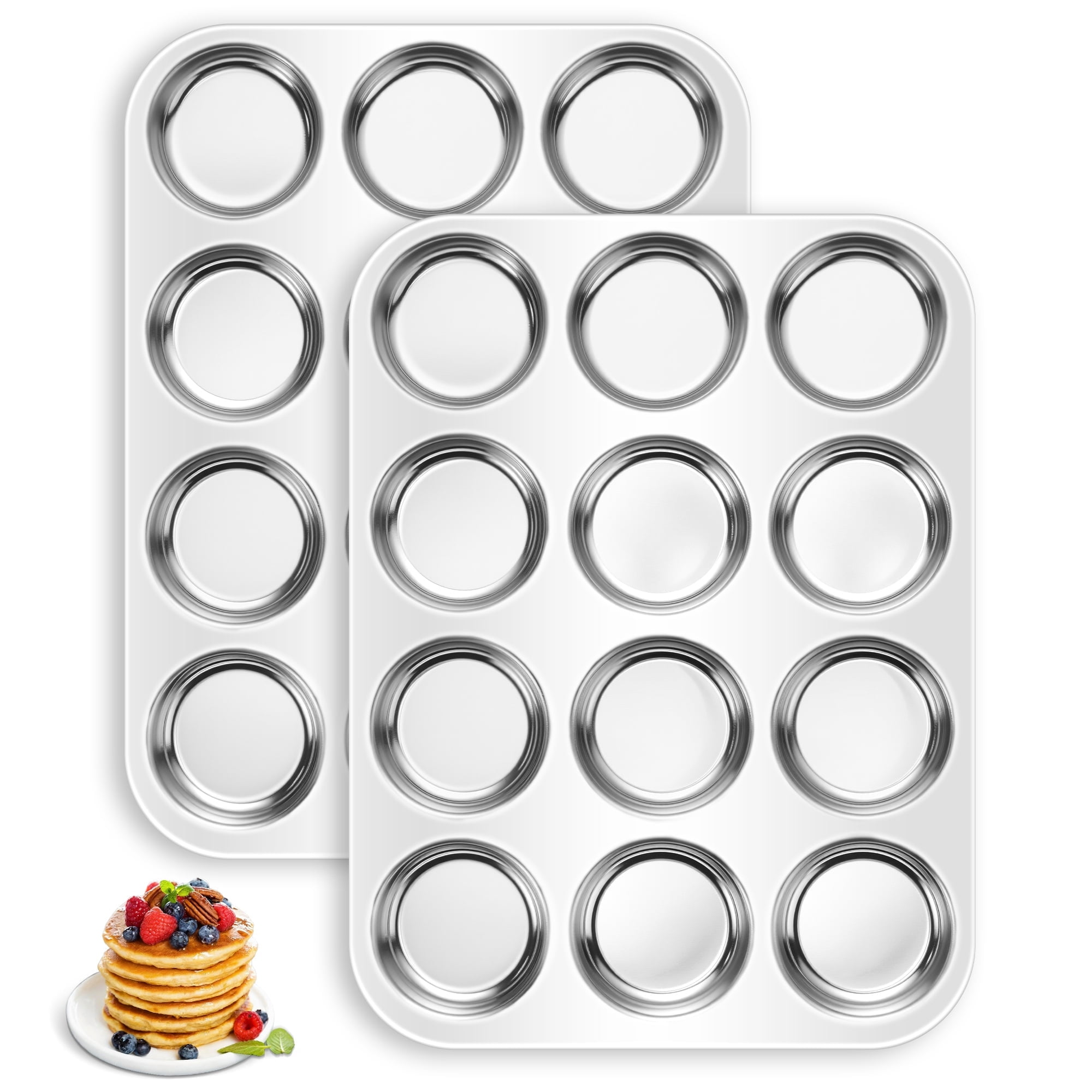 Vesteel 12-Cup Muffin Pan Set of 2, Stainless Steel Cupcake Tin Metal Cup Cake Baking Tray for Oven, Non Toxic & Dishwasher Safe