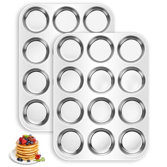 Vesteel 12-Cup Muffin Pan Set of 2, 0.6” Depth Stainless Steel Cupcake Tin Metal Cup Cake Baking Tray for Oven, Non Toxic & Dishwasher Safe