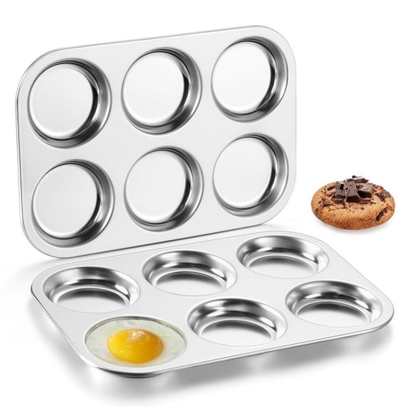Vesteel 6-Cup Mini Muffin Top Pan Set of 2, 11" x 7.5" Stainless Steel Cupcake Pan, Metal Muffin Baking Tins for Oven, Shallow Pies Pan for Hamburger, Eggs, Sandwiches, Non-toxic & Dishwasher Safe