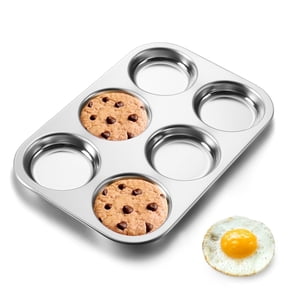 Vesteel Muffin Top Pan, Stainless Steel 6-Cavity Shallow Cupcake Pan for Baking Whoopie Pie, Yorkshire Pudding, Eggs, Cornbread, Drop Cookies, Non-toxic & Standard Size, Oven & Dishwasher Safe