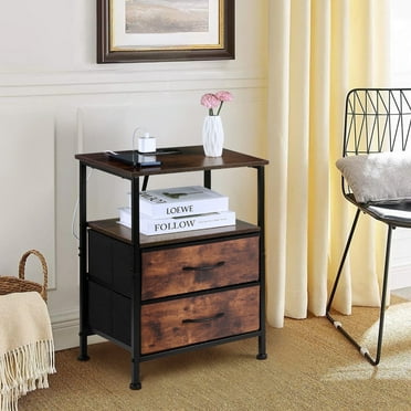 Vesteel Nightstand With Charging Station, Bed Side Table with Drawers, End Table with Sturdy Steel Frame for Bedroom Office Hallway Living Room