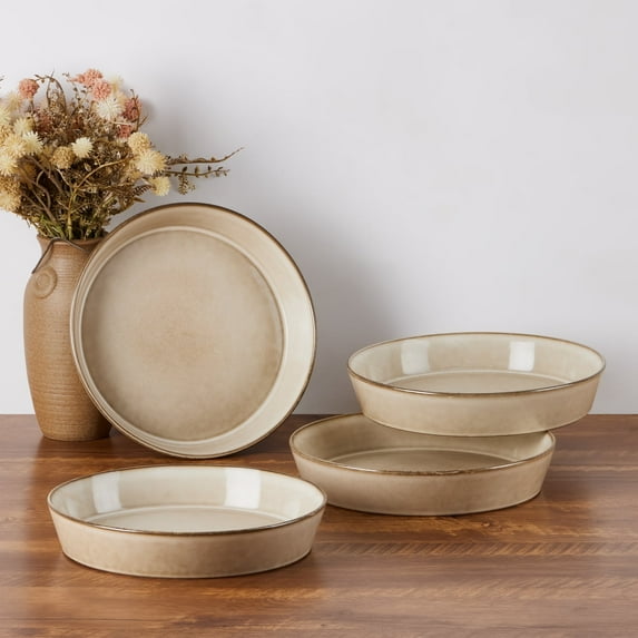 Vesteel Pasta Bowls Set of 4, 34oz Salad Plates for Home Kitchen, Double Reactive Glaze Large Wide Ceramic Bowls for Serving Dinner, Microwave & Dishwasher Safe, Khaki