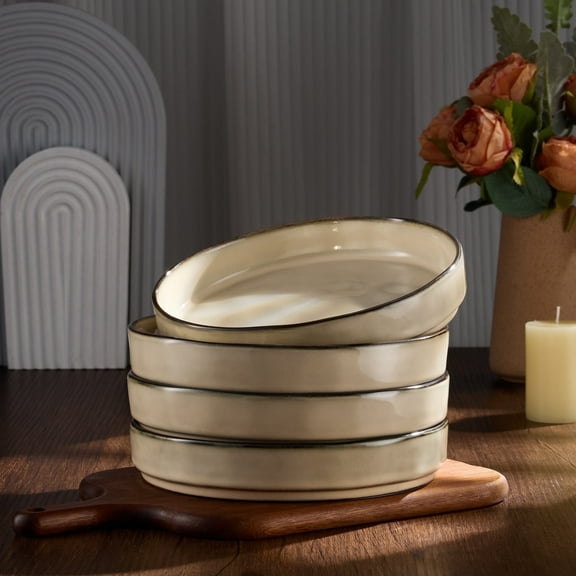 Vesteel Pasta Bowls Set of 4, 30oz Stoneware Salad Bowl, Large Dinner Bowls for Eating Serving Soup Noodle Pasta, Microwave & Dishwasher Safe, Khaki