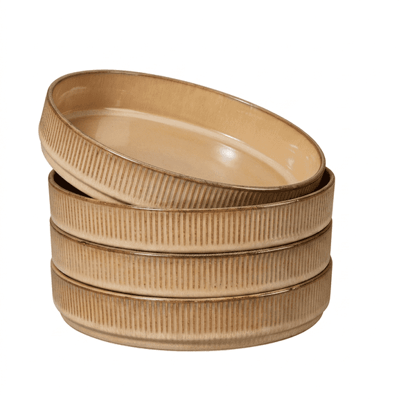 Vesteel Pasta Bowls Set of 4, 32oz Large Salad Bowls for Dinner Serving Soup, Ceramic Stoneware Pasta Plates with Textured Stripes, Microwave & Dishwasher Safe, Khaki