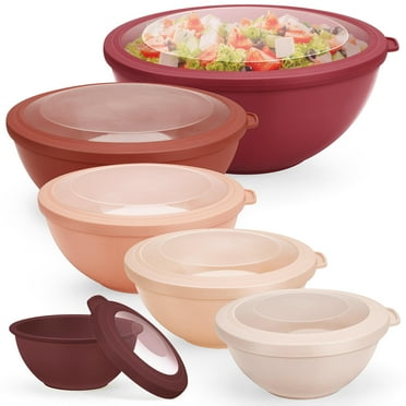 Vesteel 6Pcs Mixing Bowl Set with Lids, Plastic Nesting Bowls for Mixing, Storage, Kitchen Prepping, Serving Food, Microwave & Dishwasher Safe - Red