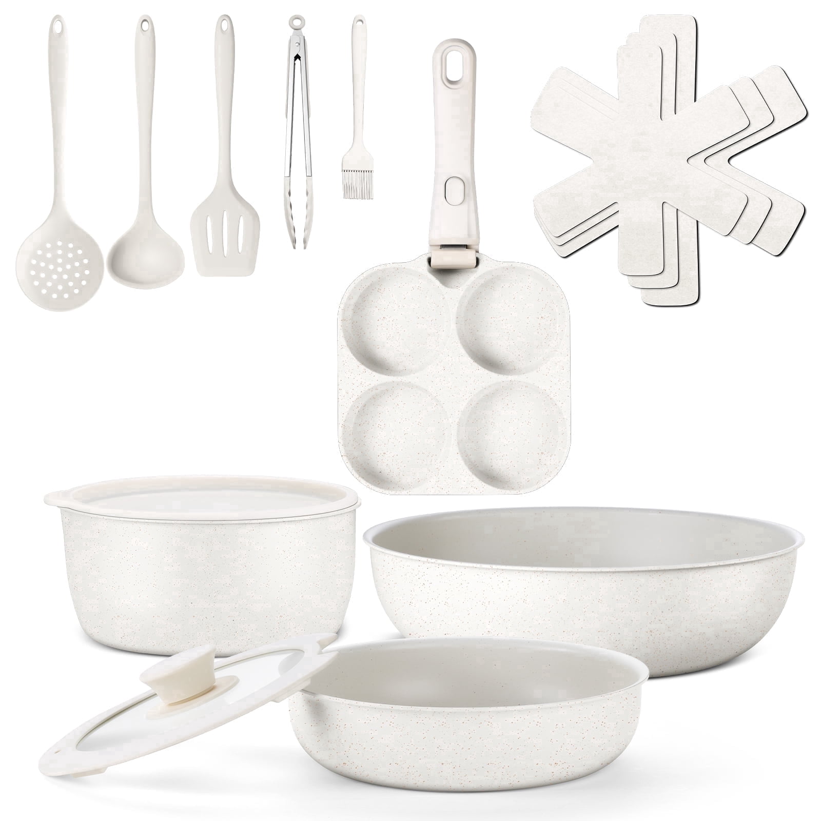 Vesteel 12Pcs Cookware Set, Nonstick Pots and Pans Set with Detachable Handles, Stackable Kitchen Cooking Set with Silicone Utensils Set, Induction Compatible & Oven Safe - Cream White