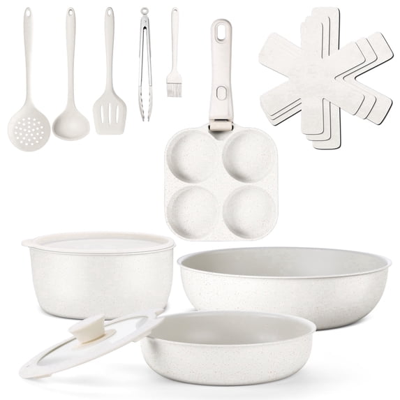 Vesteel 12Pcs Pots and Pans Set, Nonstick Cookware Set with Detachable Handle and Egg Frying Pan, Stackable RV Kitchen Cooking Utensils Set, White