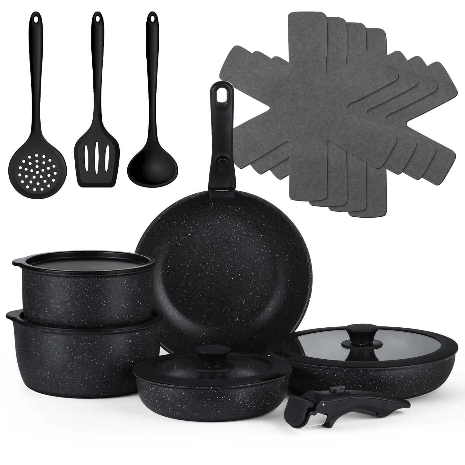 Vesteel 18Pcs Pots and Pans Set, Nonstick Cookware Set with Detachable Handles, Stackable Kitchen Cooking Set with Silicone Utensils Set, Induction Compatible & Oven Safe - Black