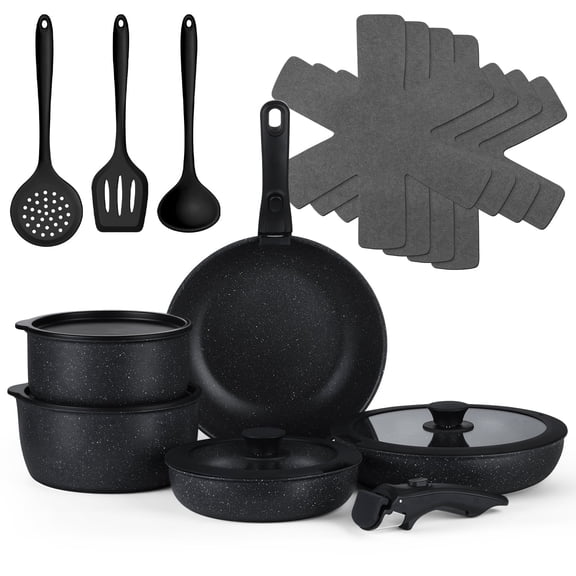 Vesteel 18Pcs Pots and Pans Set, Nonstick Cookware Set with Detachable Handles, Stackable Kitchen Cooking Set with Silicone Utensils Set, Induction Compatible & Oven Safe - Black
