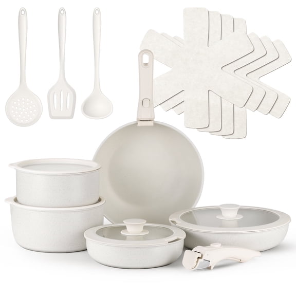 Vesteel 18Pcs Pots and Pans Set, Nonstick Cookware Set with Detachable Handle, Stackable RV Kitchen Cooking Utensils Set, White