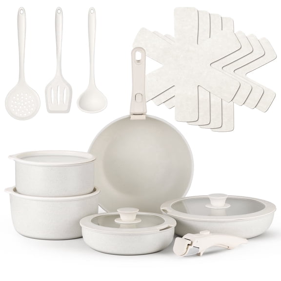 Vesteel 18Pcs Nonstick Cookware Set,  Stackable Pots and Pans Set with Detachable Handle & Cooking Utensils Set, Dishwasher Safe & Induction Compatible, White