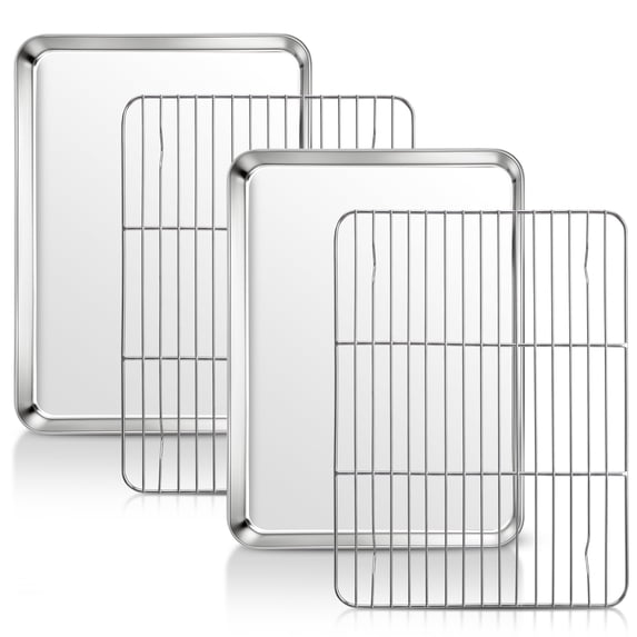 Vesteel Quarter Sheets with Racks Set (2 Pans & 2 Racks), Stainless Steel Baking Pans with Cooling Racks for Toaster Oven Roasting, Heavy Duty & Dishwasher Safe, 12.4” x 9.7”