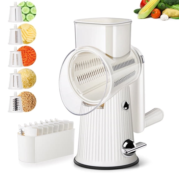 Vesteel Rotary Cheese Grater, Multi-Purpose Vegetable Chopper Rotating Grater with Handle, Kitchen Mandoline Veggies Slicer Cheese Shredder with Reinforced Suction & 5 Interchangeable Blades - White