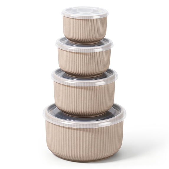 Vesteel Serving Bowls with Lids Set of 4, Ribbed Ceramic Mixing Bowls, Nesting Bowls for Food Storage Prep Salad, 10 / 20 / 35 / 60 OZ, Microwave & Dishwasher Safe, Cappuccino Brown