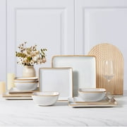 Vesteel Square Dinnerware Sets for 4, 12-Piece Stoneware Dish and Bowls Set, Handmade Reactive Glaze Coupe Plates Set, Chip & Scratch Resistant - Seashell White