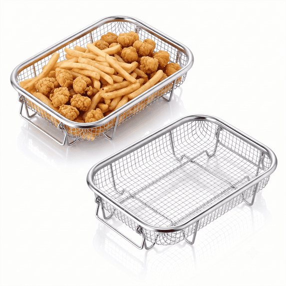 Vesteel Stainless Steel Air Fryer Basket Set of 2, 8.7" x 6.3" Oven Crisper Basket for Baking, Roasting & Healthy Cooking, Dishwasher Safe