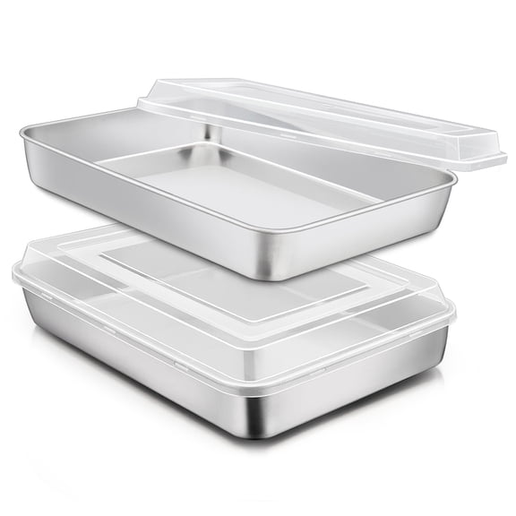 Vesteel Stainless Steel Baking Pan with Lid, 12.2 x 9.5 x 2 Inch Rectangle Sheet Cake Pans with Covers Bakeware for Cakes Brownies Casseroles, Non-toxic & Dishwasher Safe - Set of 2