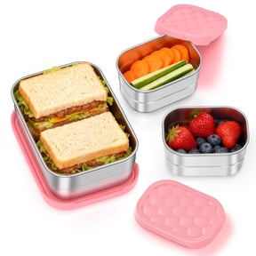 Vesteel Stainless Steel Lunch Container Set, Leak Proof Bento Box with Silicone Lids, Portable Metal Lunch Box for School and Daycare(25OZ + 8OZ*2), Pink