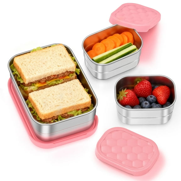Vesteel Stainless Steel Lunch Container Set, Leak Proof Bento Box with Silicone Lids, Portable Metal Lunch Box for School and Daycare(25OZ   8OZ*2), Pink
