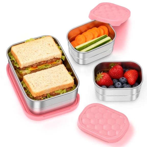 Vesteel Stainless Steel Lunch Container Set, Leak Proof Bento Box with Silicone Lids, Portable Metal Lunch Box for School and Daycare(25OZ   8OZ*2), Pink