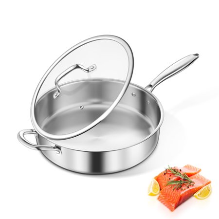 Vesteel 10” Tri-Ply Saute Pan with Lid, 4.5 Quart Stainless Steel Kitchen Skillet, Healthy Non-toxic Cooking Pan for Induction Ceramic Gas Stoves, Heavy Duty & Dishwasher Safe